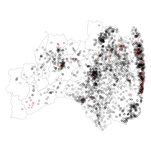 リアルタイム線量測定システムおよびモニタリングポストの分布